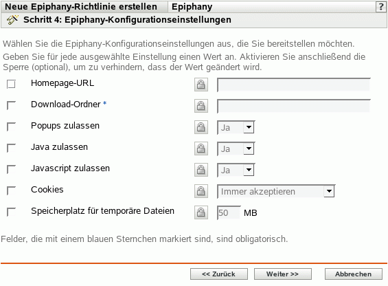 Seite "Epiphany-Konfigurationseinstellungen"