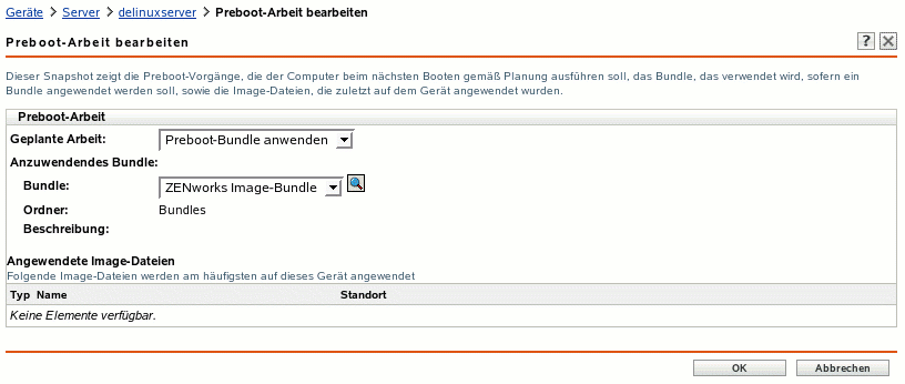 Seite "Preboot-Arbeit bearbeiten". Im Feld "Geplante Arbeit" ist die Option "Preboot-Bundle anwenden" ausgewählt. (Die Felder "Anzuwendendes Bundle" und "Angewendete Image-Dateien" werden ebenfalls angezeigt.)