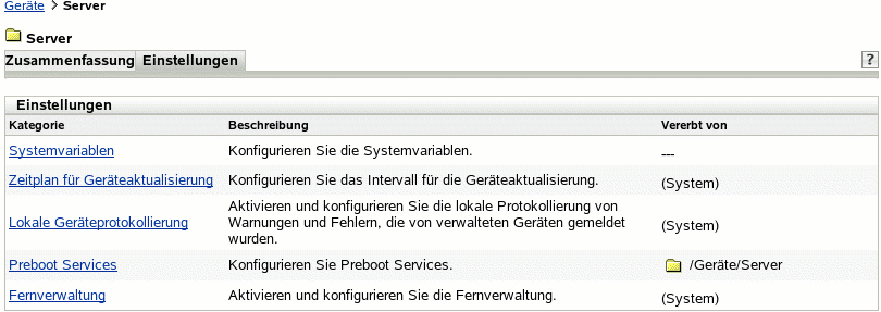 Ordner "Server", Registerkarte "Einstellungen"