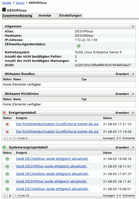 Serverzusammenfassungsseite