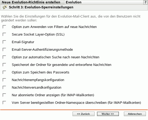 Seite "Evolution-Sperreinstellungen"
