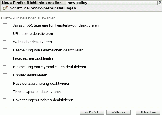 Seite "Firefox-Sperreinstellungen"