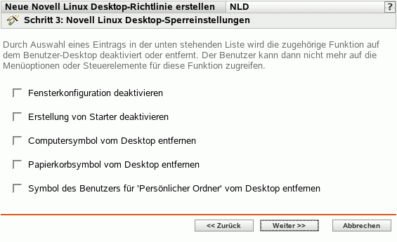 Seite "Novell Linux Desktop-Sperreinstellungen"