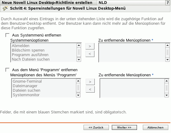 Seite "Sperreinstellungen für Novell Linux Desktop-Menü"