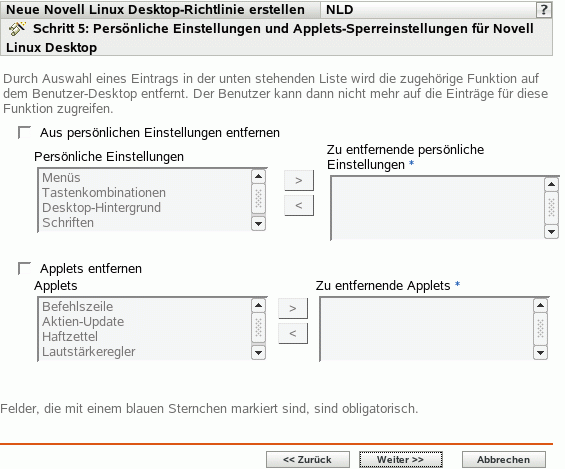 Seite "Persönliche Einstellungen und Applets-Sperreinstellungen für Novell Linux Desktop"
