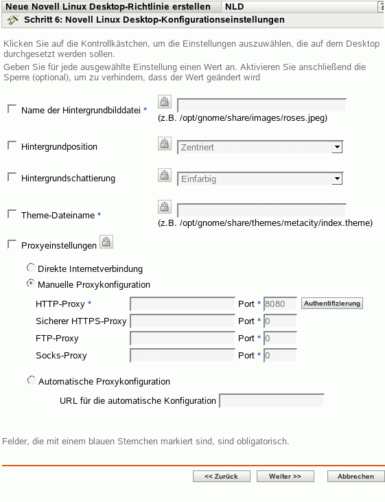 Seite "Novell Linux Desktop-Konfigurationseinstellungen"
