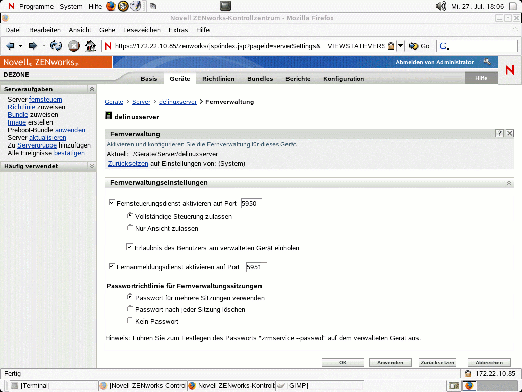 Seite "Fernverwaltung"