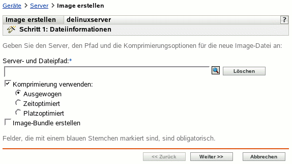 Seite "Schritt 1" zum Erstellen eines neuen Bundles: "Dateiinformationen" (Felder "Server- und Dateipfad", "Komprimierung verwenden" und "Image-Bundle")
