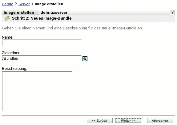 Seite "Schritt 2" zum Erstellen eines neuen Bundles: "Neues Image-Bundle" (Felder "Name", "Zielordner" und "Beschreibung")
