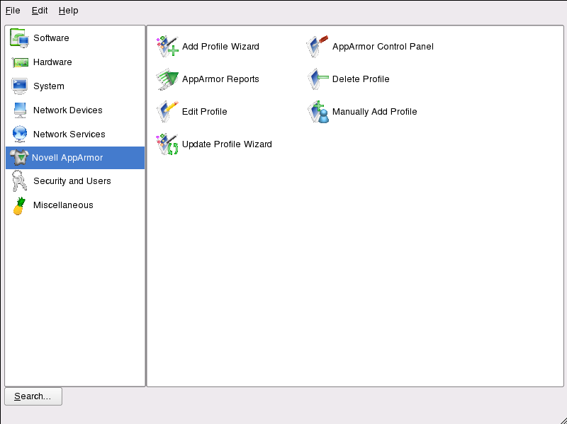 YaST's main controls for       Novell AppArmor