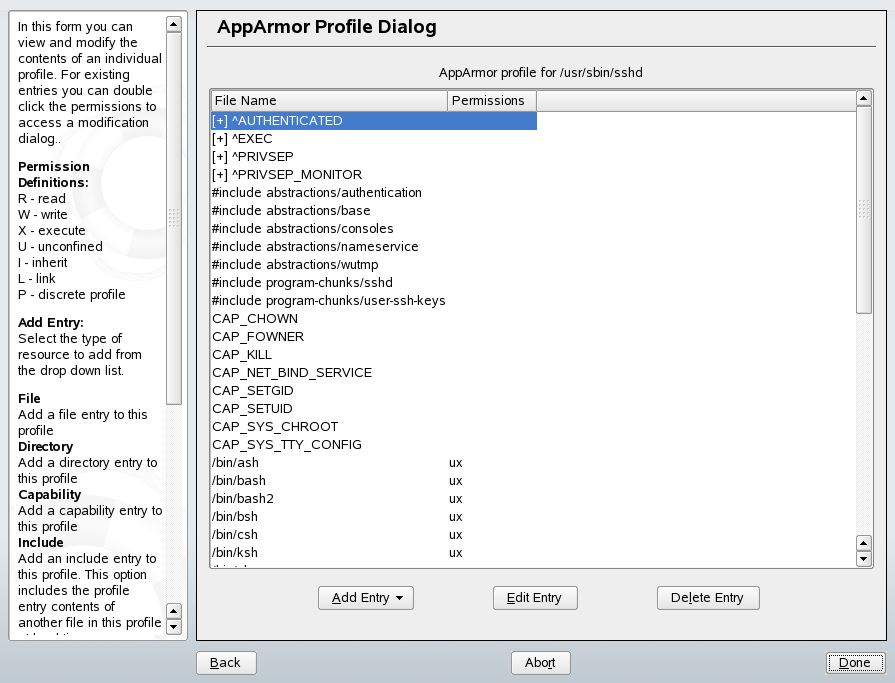 AppArmor profile dialog