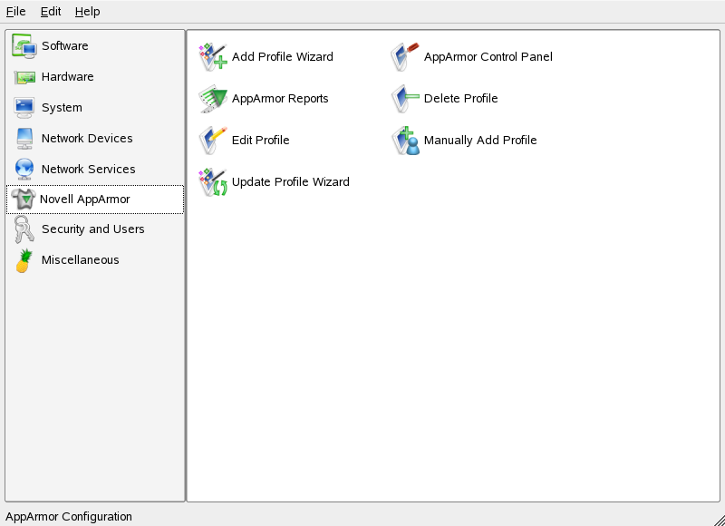 YaST's main controls for
       Novell AppArmor