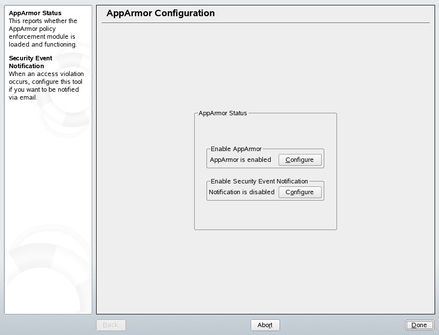 The AppArmor control
	  panel