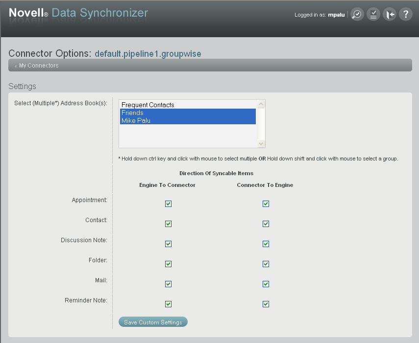 GroupWise Connector Settings page