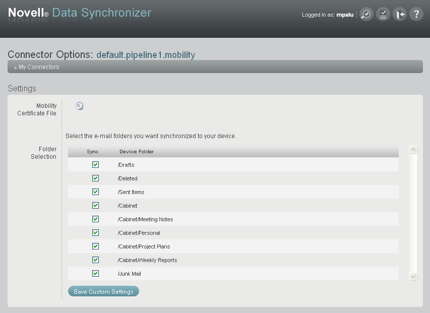 Mobility Connector Settings page