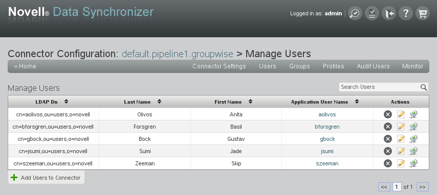 Manage Users page for the GroupWise Connector
