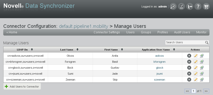 Manage Users page for the Mobility Connector