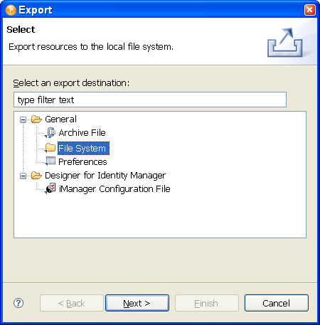 Selecting to export to a file system