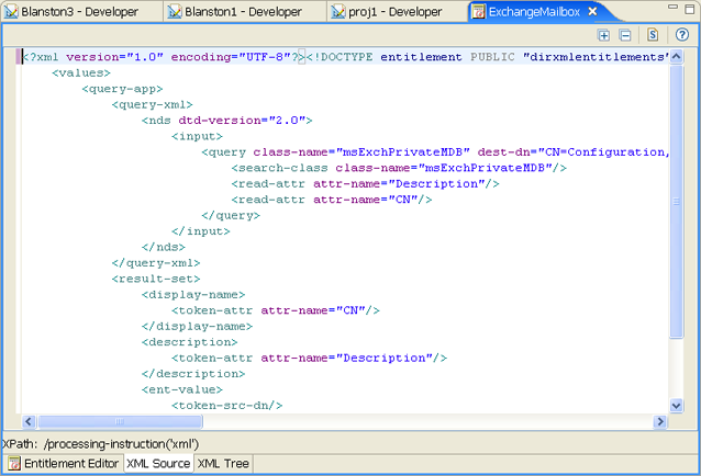 XML Source view with menu selections