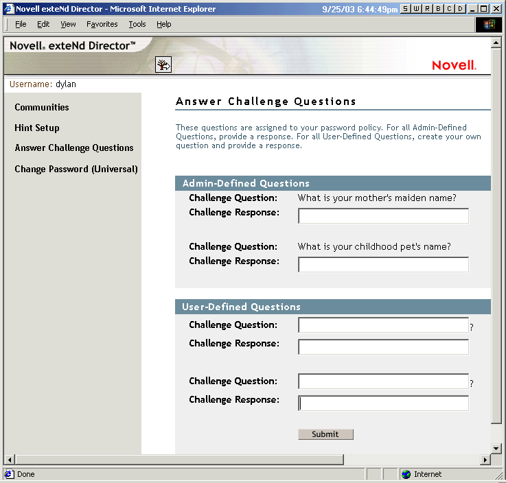 Answer Challenge Questions gadget in iManager self-service console