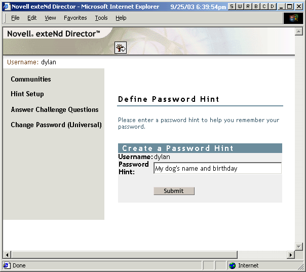 Hint Setup gadget in iManager self-service console
