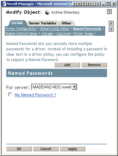 Named Password tab displays the current list of Named Passwords for the driver