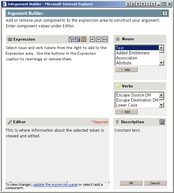 Bottom of Argument Builder page shows the link for "update the expression panel"