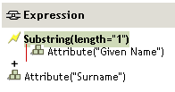 Expression displaying a substring of length 1 on the given name attribute, combined with the surname attribute.