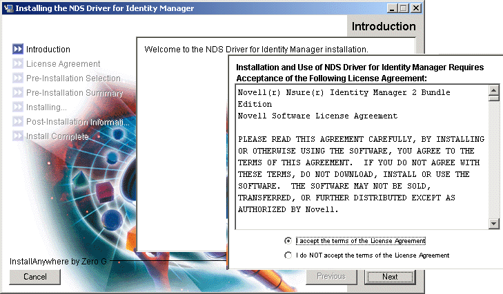 The Welcome and licence agreement dialog boxes