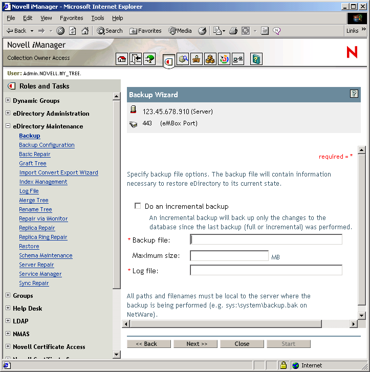 First iManager Backup screen