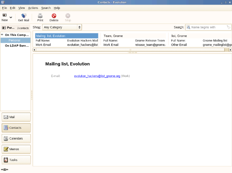Evolution Contact List Window