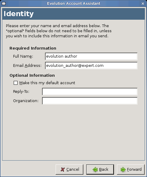 Evolution Setup Assistant Identity section