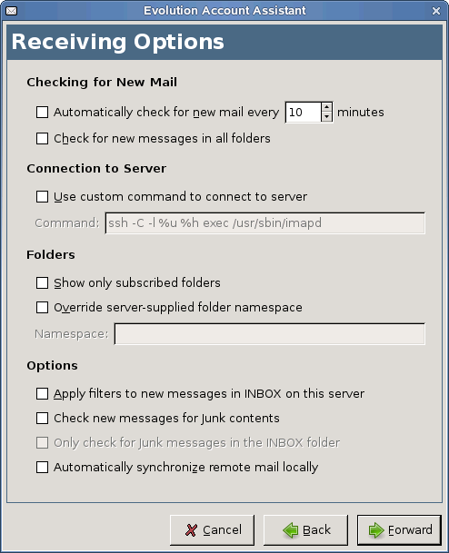 IMAP receiving options