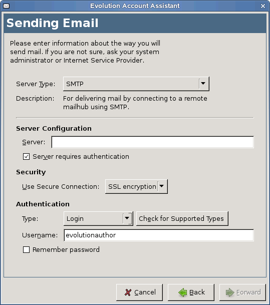 Evolution Setup Assistant Sending Mail section