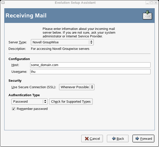 Evolution Setup Assistant Receiving Mail section