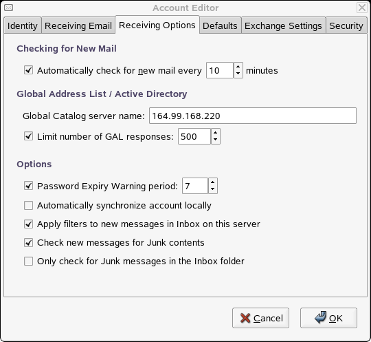 Creating an Exchange Account, Step Three: Mail Options