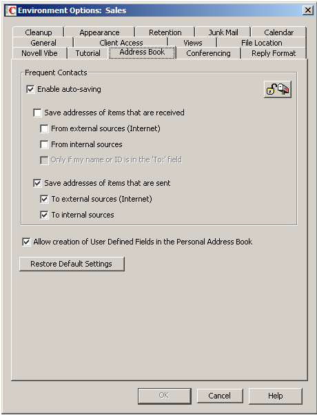 Environment Options Dialog Box with the Address Book Tab Open
