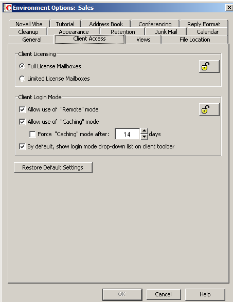 Environment Options Dialog Box with the Client Access Tab Open