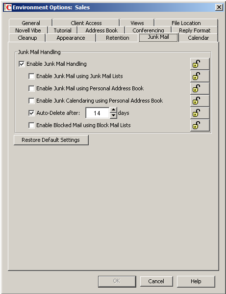 Junk Mail Tab in the Environment Options Dialog Box