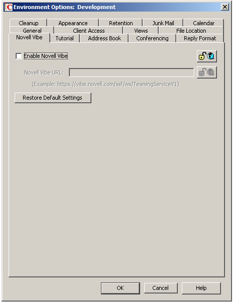 Environment Options Dialog Box with the Novell Vibe Tab Open