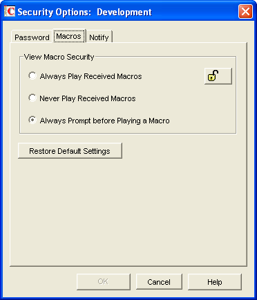Security Options Dialog Box with the Macros Tab Open