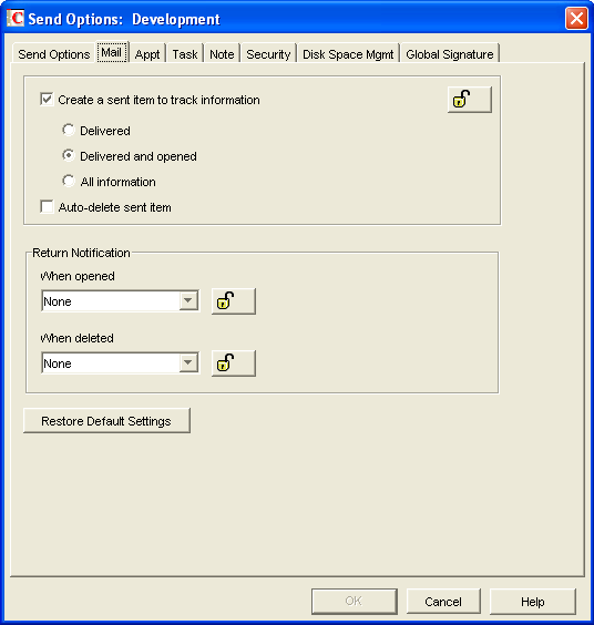 Send Options Dialog Box with the Mail Tab Open