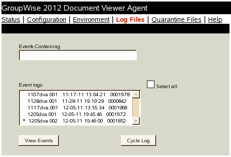 Log Files tab in the Document Viewer Agent Web console