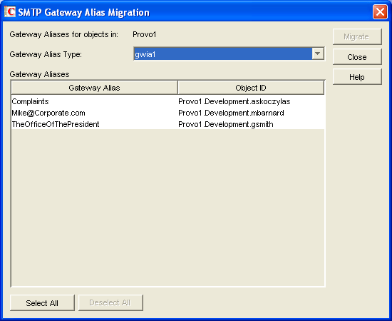 SMTP Gateway Alias Migration Utility dialog box