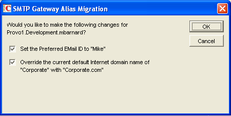 SMTP Gateway Alias Migration Utility Name and Internet Domain Override dialog box