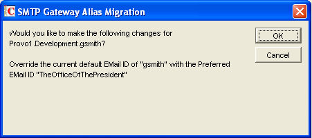 SMTP Gateway Alias Migration Utility Name Override dialog box