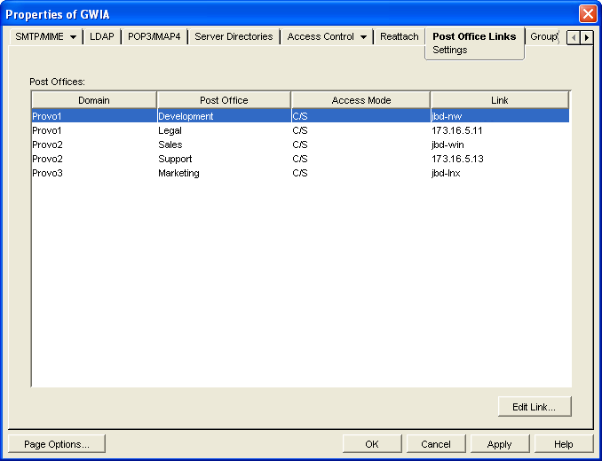 Post Office Links property page