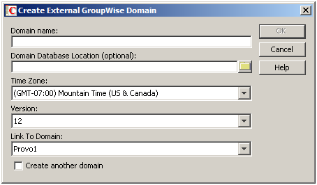 Create External GroupWise Domain dialog box