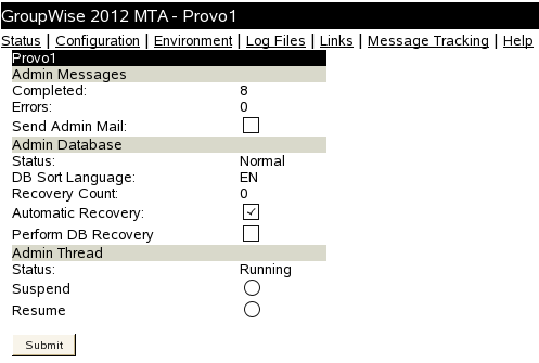 MTA Web Console with the Admin Task Status Page Displayed