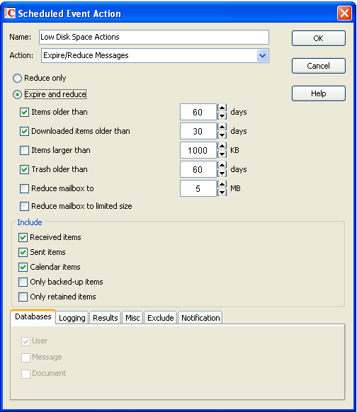 Scheduled Event Action dialog box